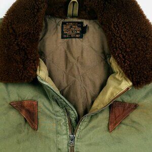 POLO RALPH LAUREN RRL BOMBER Jacket Down Feathers Fur Collar Olive Medium